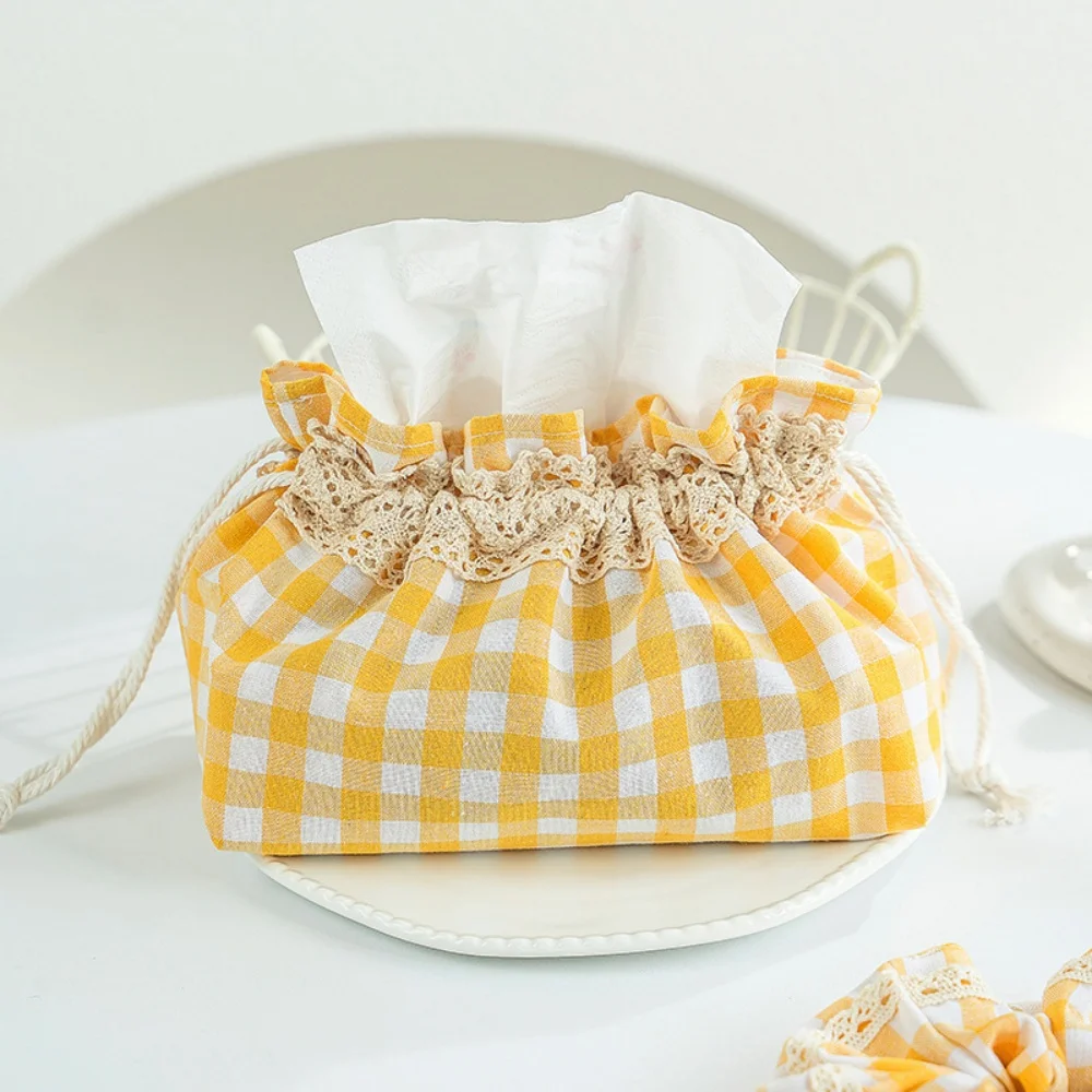 Cream-Yellow Checkered Tissue Holder with Lace Trim for Home and Car Use