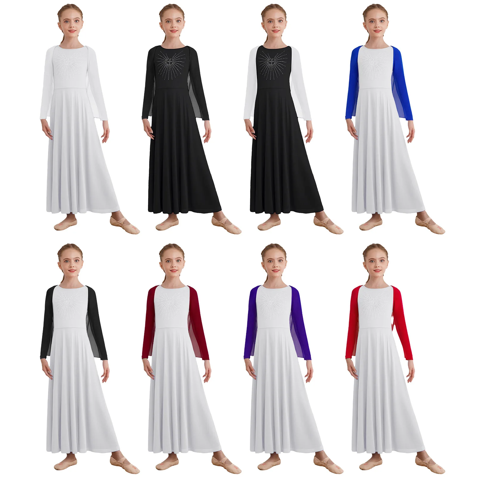 6-16Y الفتيات الليتورجية العبادة الكنيسة جوقة الثناء الرقص الغنائي الزي طويلة الأكمام لامعة حجر الراين واسعة فستان محكم من عند الصدر ويتدلى بشكل واسع مع شال #5