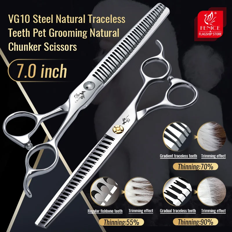 

Fenice 7.0 Inch VG10 Traceless Teeth Dog Grooming Chunker/Natural Scissors Double Tail Nail Pet Shears 70%/90% Thinning Rate