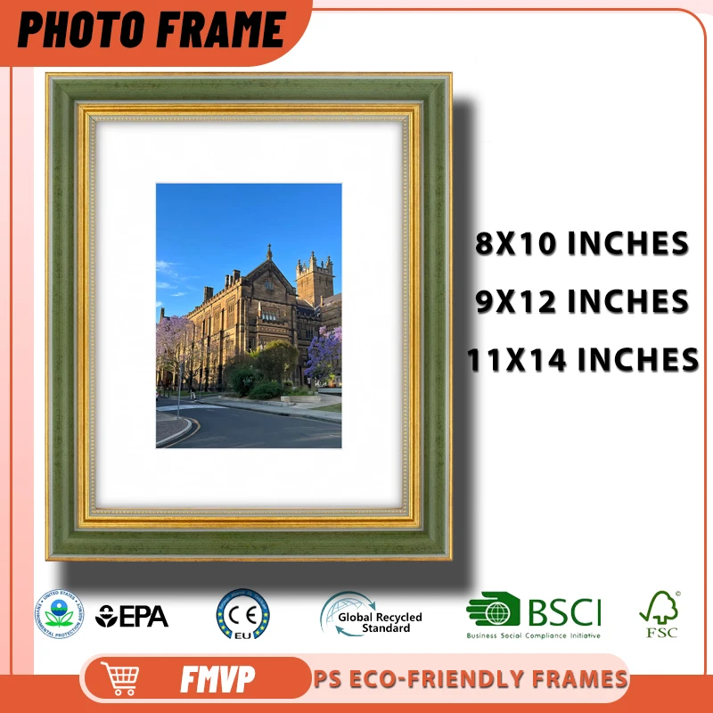 

11x14 Luxury Frame Green Gold Border Perfect for Stone Architecture with Jacaranda Trees and Road Marks Frame