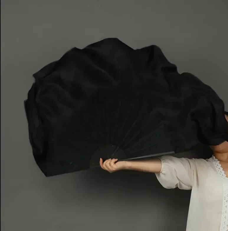 Volledige Zwarte Echte Zijde Bamboe Fan Sluier Paren (1L + 1R) Vrouwen Buikdans Halve Maan Cirkel Fan Dubbele Lagen Lichtgewicht 41 cm 86 cm