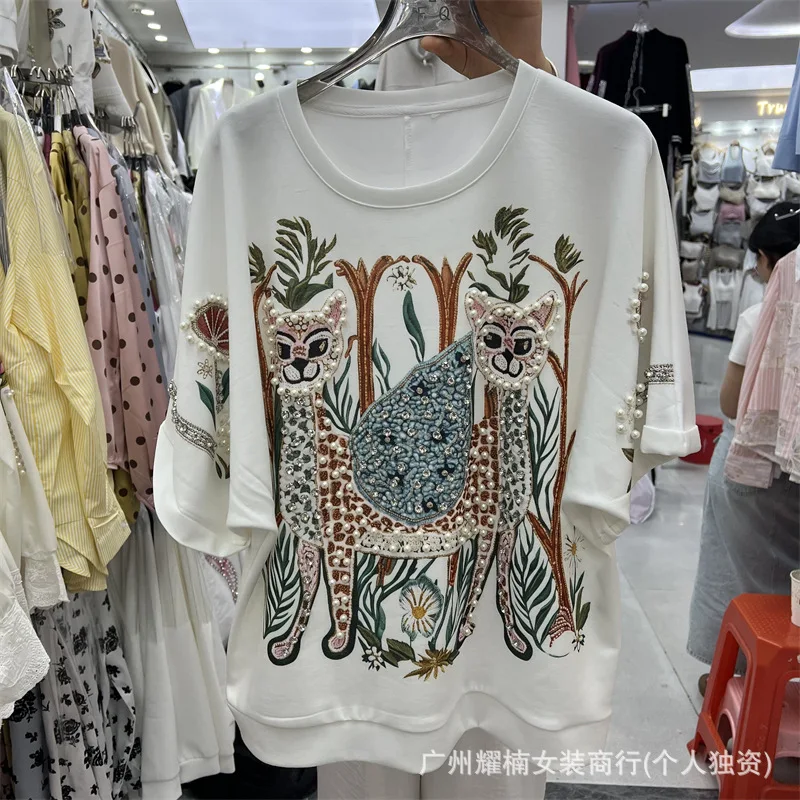 2026 New Spring Summer Loose Women Short Sleeve T-shirt Fashionable Diamonds Beads Cartoon Printed Round Neck Pullover Tops