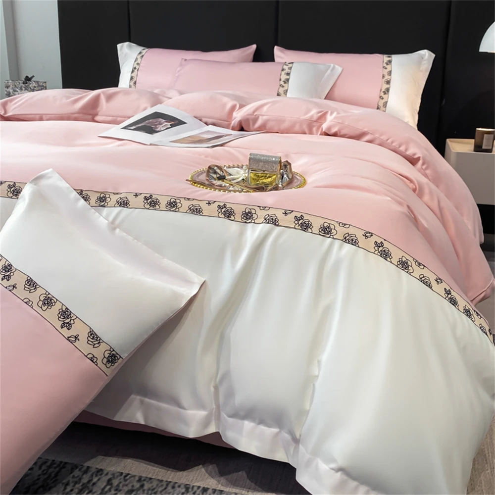 

Luxury Bedding Set Flowers Embroidered Four Piece Set Bed Sheet Quilt Cover Pillowcases Home Duvet Cover Set Hotel Home Textiles