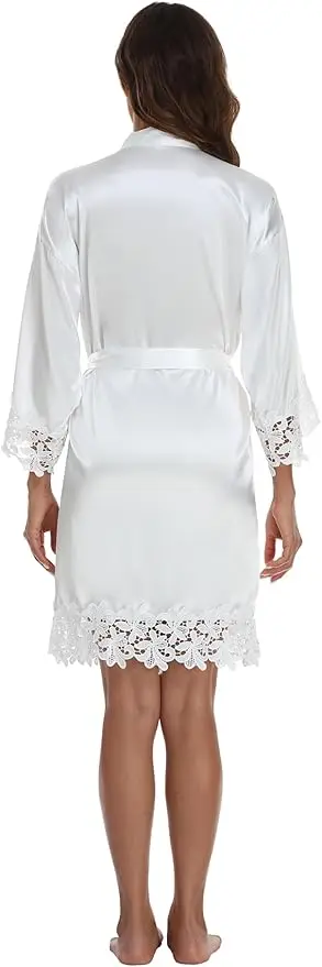 Womens Short Satin Robe Lace Trim Silk Kimono Sleepwear Bridesmaid Robes for Bride Wedding Party Nightgown