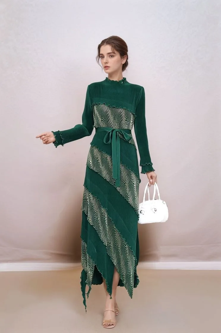 فستان ماكسي مطوي للنساء بأكمام طويلة وكشكشة متدرجة للحفلات المسائية فستان بوهو أنيق للحفلات المسائية