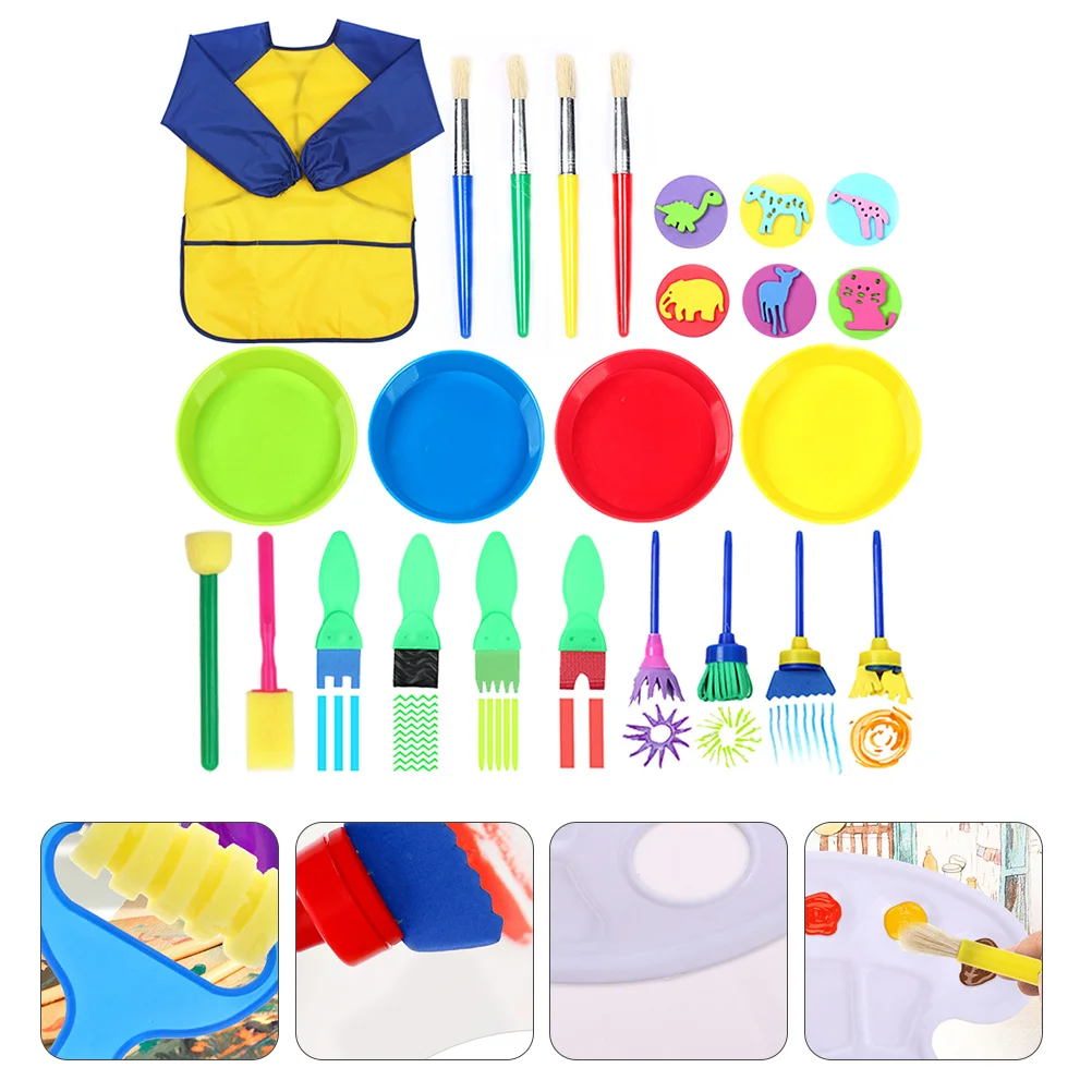 

25 Pcs Painting Set Kit Color Palettes Sponge Kids Brushes DIY Graffiti Drawing Smock Work Clothes Apron for