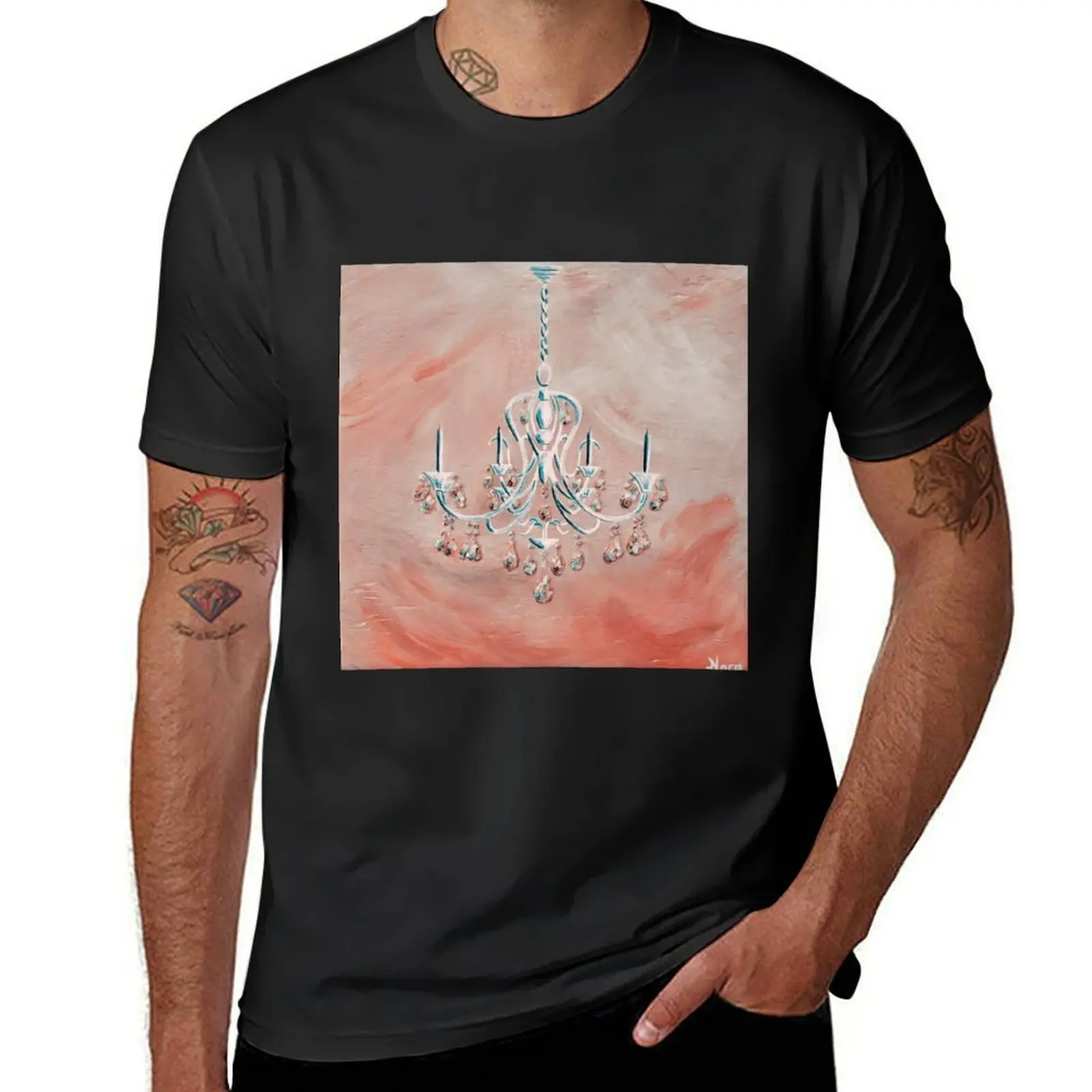 White chandelier on rosey pink background T-Shirt customs design your own tees vintage clothes mens vintage t shirts