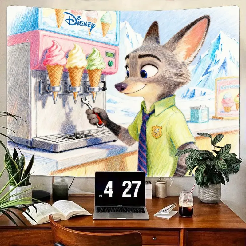 1 قطعة Zootopia نيك وايلد آلة الآيس كريم نسيج. لوحة فنية جدارية كرتونية من كاواي ديزني، هدية ديكور غرفة بوليستر حديثة للمعجبين. #1