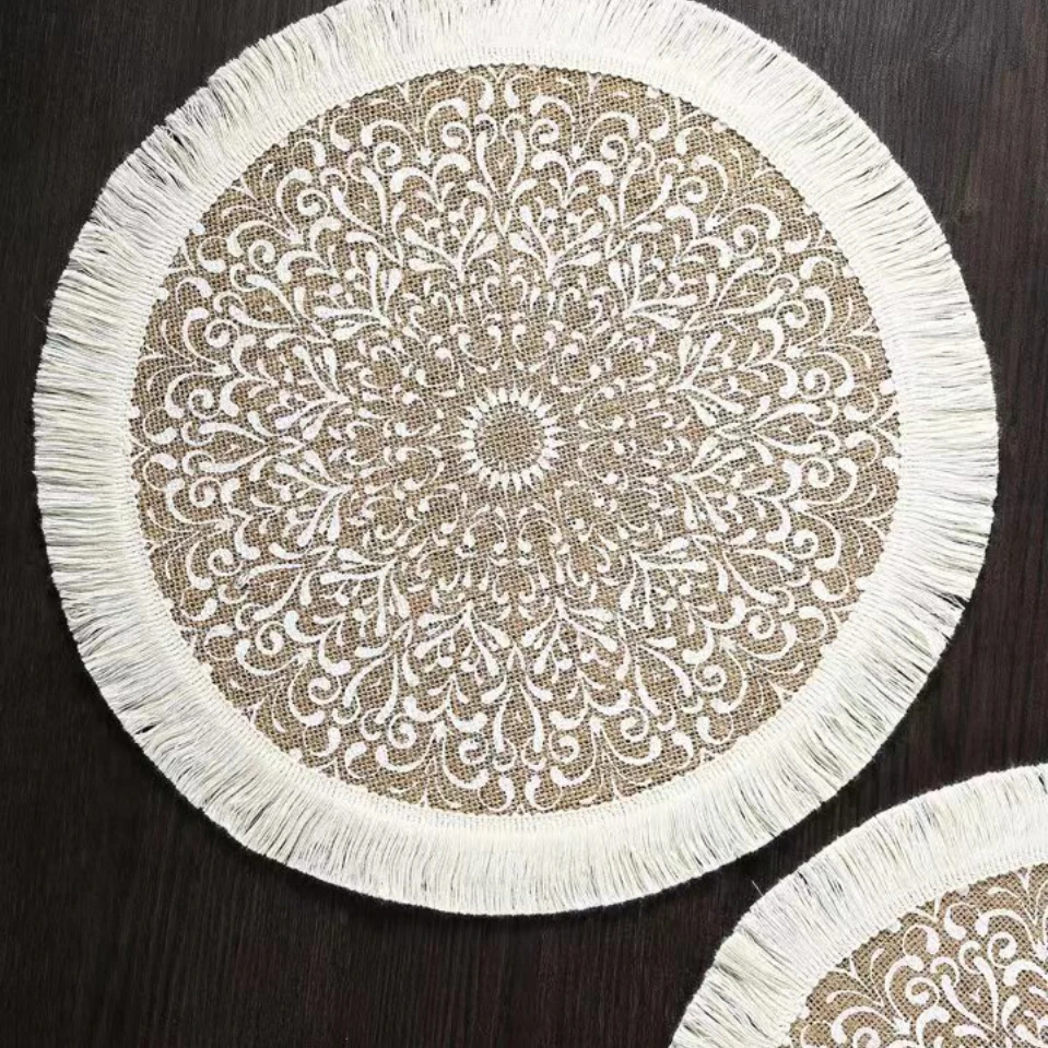 4 Piece Of Jute Fabric Dining Mat, Modern Geometric Pattern Tassel Edge Round Table Pad, For Bedroom, Living Room, Kitchen