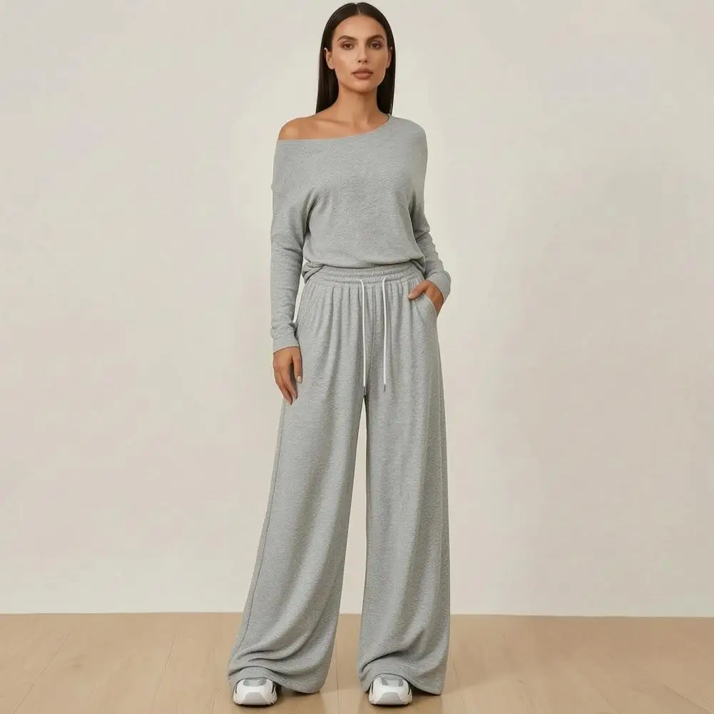 Women Sweatshirt Pants 2-Piece Outfits, Off Shoulder Long Sleeve Top, Solid Color Matching Lounge Set for Spring Autumn
