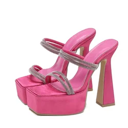 Aneikeh 2025 Sexy Steel Pipe Dance Shoes Crystal Square Head Open Toe Platform Super High Heels Mature Women Party Dress Zapatos