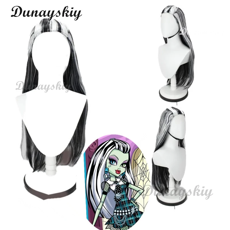 Monster High Cosplay Frankie Stein Cosplay Wig Black Silver Long Hair Heat Resistant Halloween Carnival Roleplay