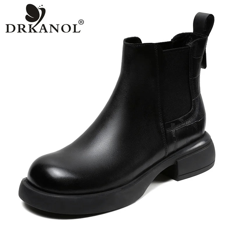 

DRKANOL Fashion Women Chelsea Boots Quality Real Leather Elastic Band Thick Heel Calfskin Ankle Boots Autumn Winter Warm Shoes