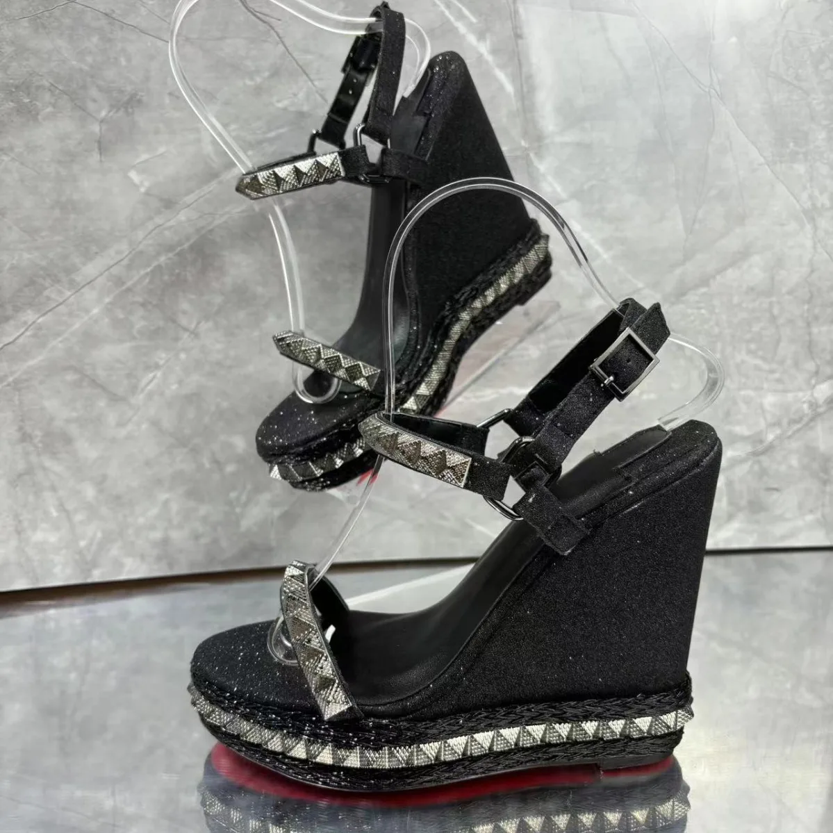

Dark Metal Wedge Punk Sandals Thick-Soled Platform Height-Enhancing High Heels Female Spanish Niche Lace-Up Leather Womne Shoes