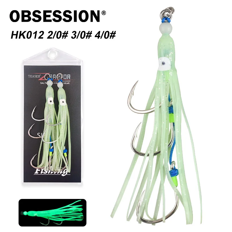 

OBSESSION HK012 2pc/bag 2/0 3/0 4/0 Bionic Squid Skewer Hook Saltwater Triple Fishing Sharp Hook Glow Metal Assist Octopus Hooks