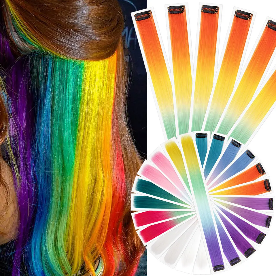 

Snoilite Synthetic 21inch Long Straight Rainbow Highlight Colored Hair Extensions Clip In Ombre Sparkle Cosplay Hair pieces