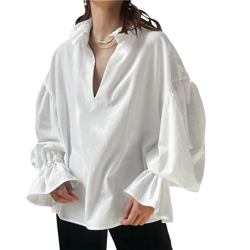 

ABRT-Женская повседневная блузка свободного кроя с рукавами 3/4, на пуговицах, с воротником, белая, размер M