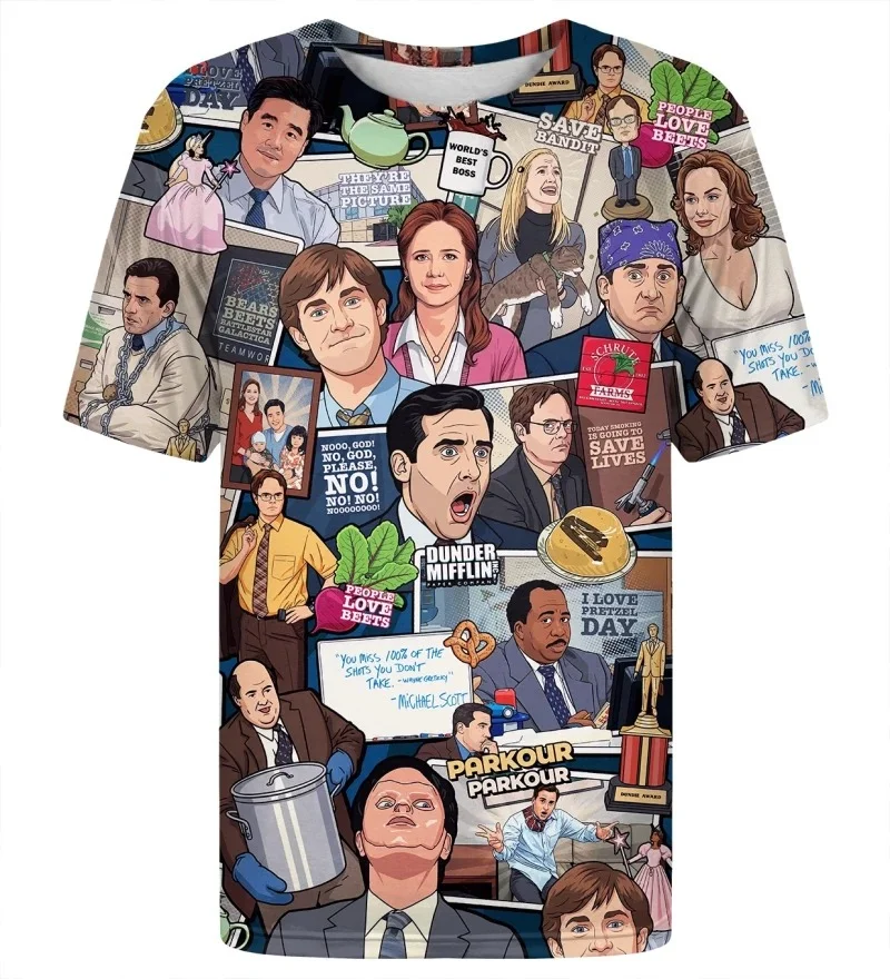 Cartoon Office Collage T-shirt, Fun Workplace Character Emoji Poster Style, Printed Short-sleeved Crew Neck Quick-drying T-shirt