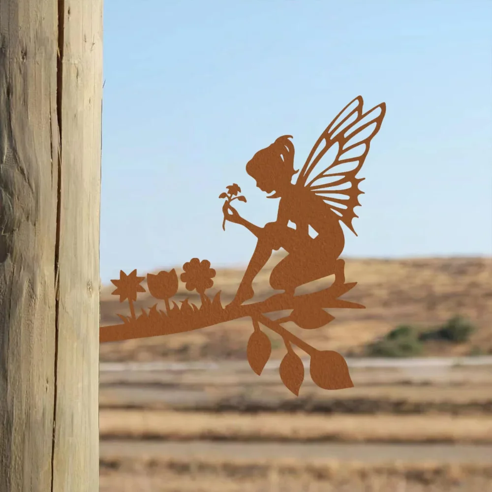 CIFBUY Iron Wall Art Picking Flowers Fairy On Branch Metal Sculpture Plaque Home Decor Ornament Accent