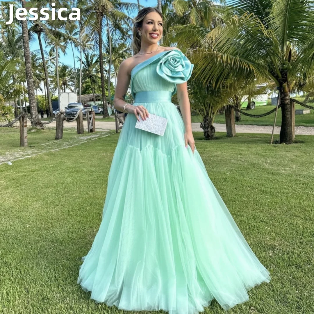 Jessica Satin 3D Flowers Prom Dress Green Tulle Evening Dress 2024فساتين السهرة Formal Occasions A-shaped Wedding Party Dress