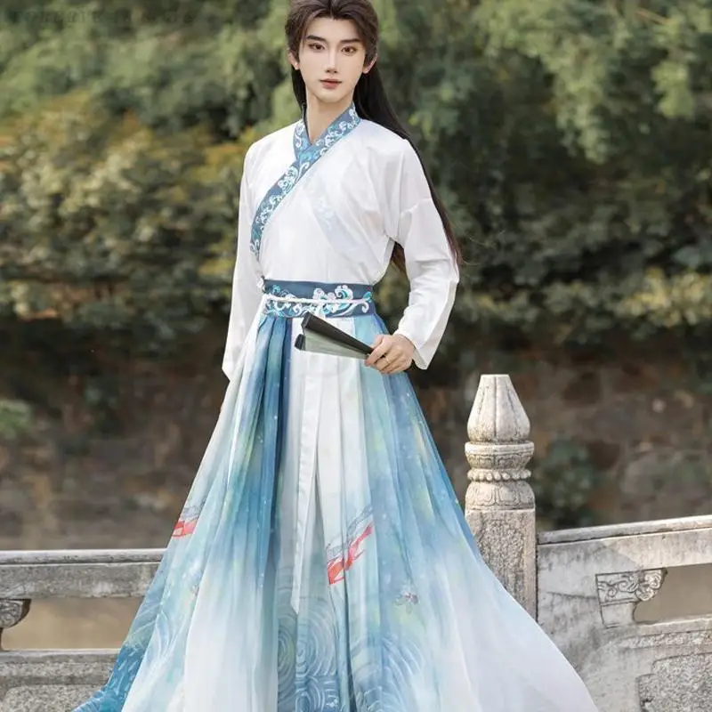Ancient Hanfu Sets Men Chinese Traditional Cosplay Costume Male Stage Performance Wuxia Clothing Blue White Plus Size 3XL Dress view 5