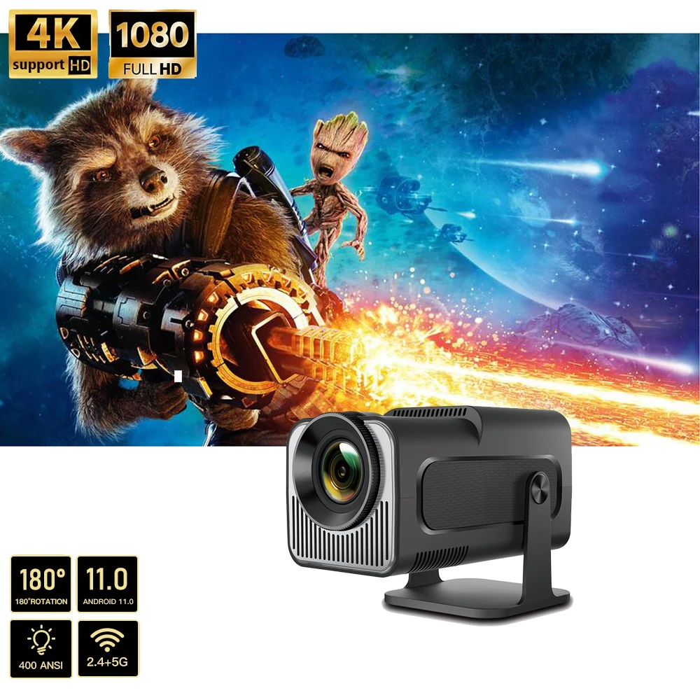 Projector HY320 Mini Newly Native 720P Android 11 4K Projector 300ANSI Wifi6 BT5.0 Cinema Outdoor Portable 180 ° rotatable