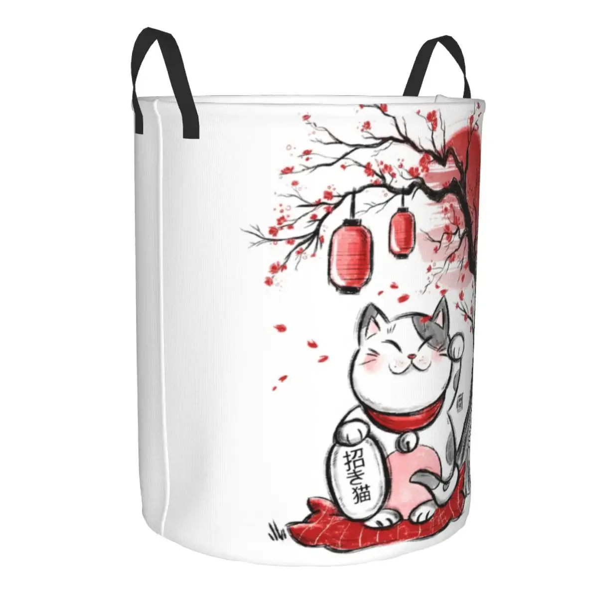 Maneki Neko Sakura Flowers Laundry Basket Foldable Large Capacity Clothing Storage Bin Lucky Cat Cherry Blossom Hamper view 2