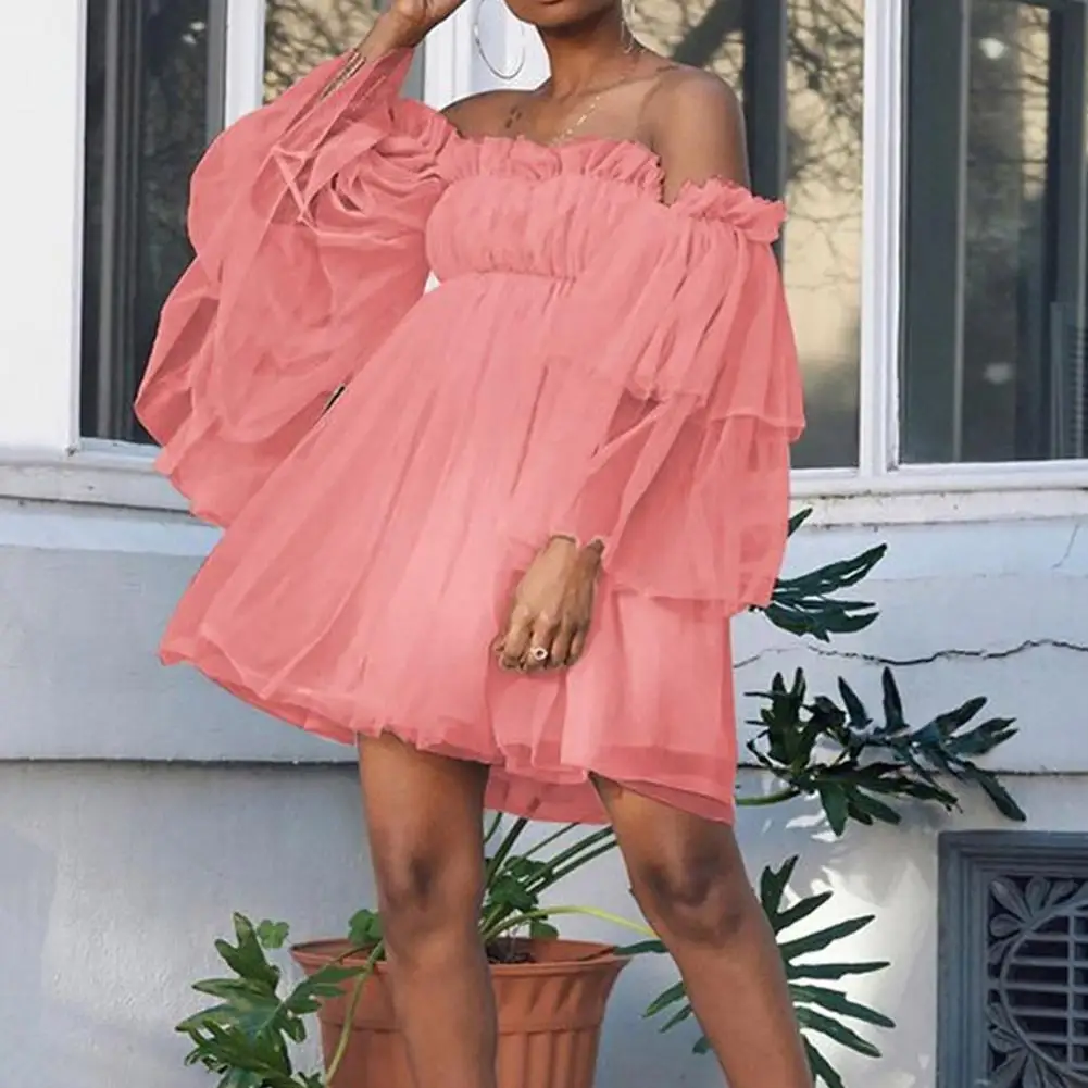 Tube Top Dress Elegant Off Shoulder Mesh Layered A-line Dress with Long Sleeves for Women Solid Color Princess Style for Prom