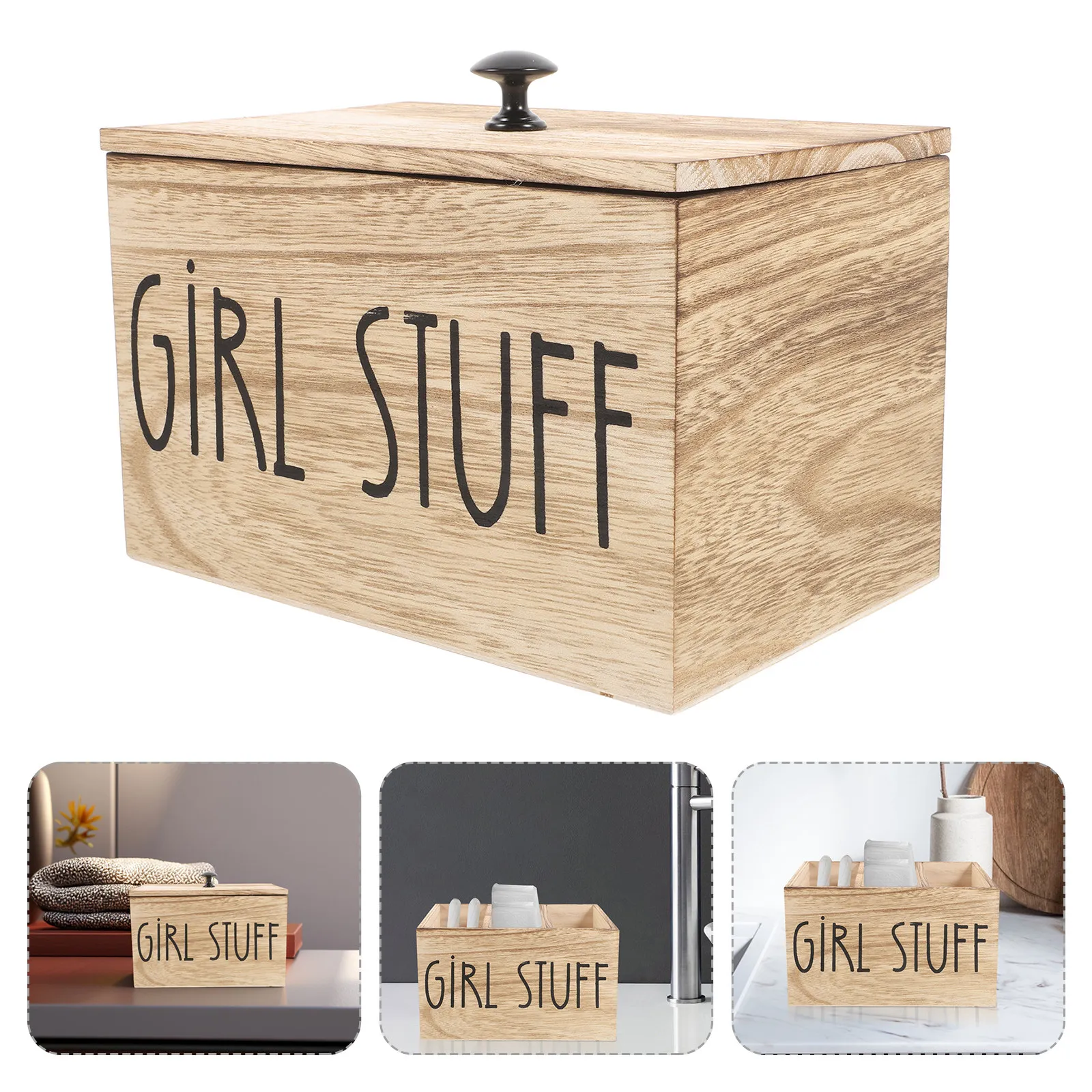 

Wooden Sanitary Pad Storage Box Lid Partition Feminine Product Organizer Bathroom Countertop Rustic Bathroom Accessories