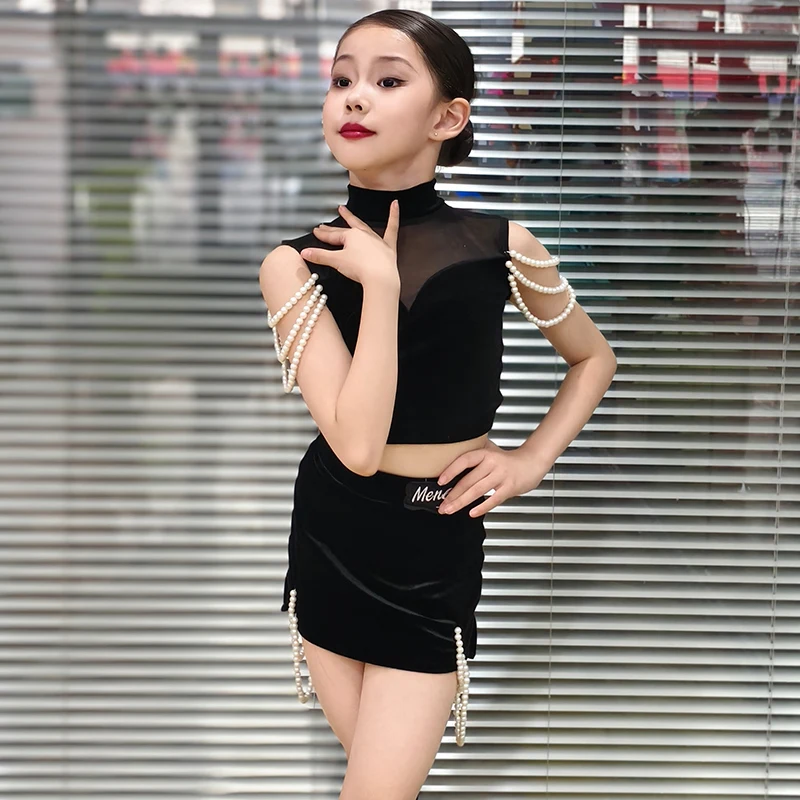Roupas de dança latina de veludo sem mangas para meninas e meninos ternos de prática de detalhes de pérola para primavera verão prática de dança