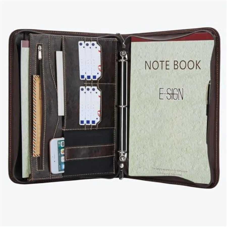 

Zippered Padfolio Binder Faux Leather Organizer with 3-Ring Binder Left-Handed Design Business Card Slots and Document Folders