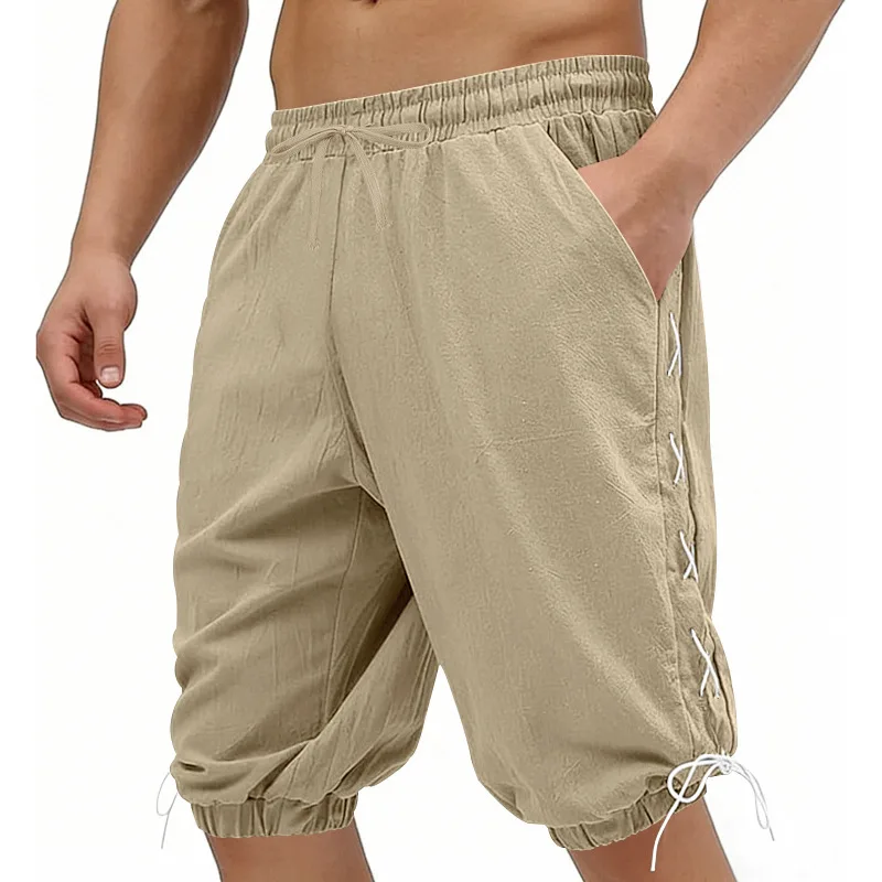 Men Summer Linen Shorts Hawaiian Medieval Retro Drawstring Shorts Loose Casual Beach Vacation Daily Wear Breathable Short Pants