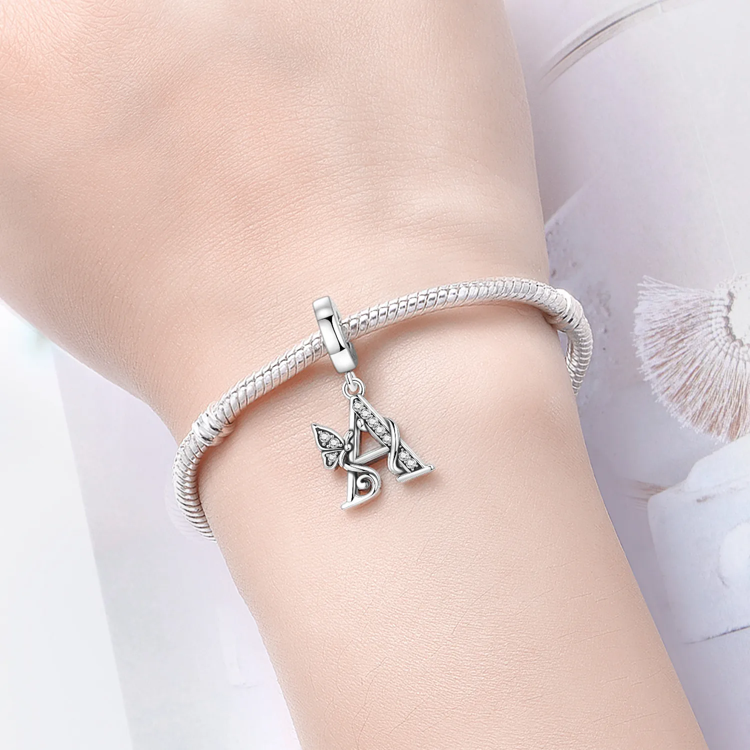 Original 925 Sterling Silver CZ Zircon Butterfly A-Z 26 Letter Charms Alphabet Beads Pendant Fit Bracelet Necklace DIY Jewelry