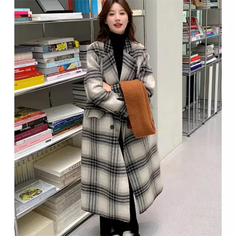 Prendas de vestir de lana holgadas para mujer coreana, abrigo por encima de la rodilla de estilos largos para mujer, chaqueta gruesa de mezcla de lana de manga larga