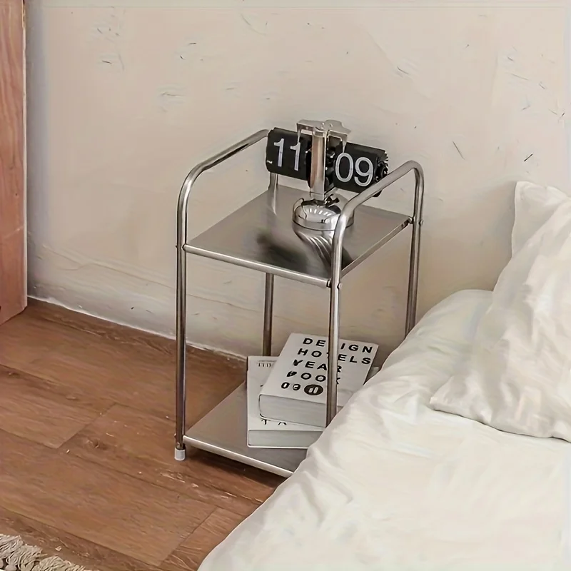 Modern Stainless Steel Side Table Silvery Nightstand Home Storage Shelf for Sofas And Kitchens Practical Shelving Unit
