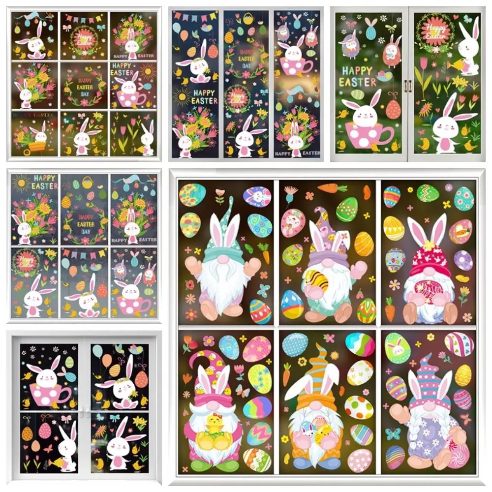 9pcs/1 set Bunny Happy Easter Window Stickers Flowers Egg Rabbit Electrostatic Glass Sticker Cute Rabbit