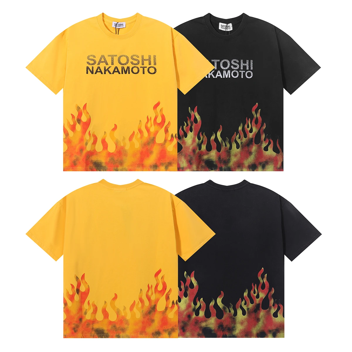 2026 Y2K Flame SATOSHI T Shirt Letter Yellow Oversized Print T Shirt Vintage Streetwear Men Women Short Sleeve