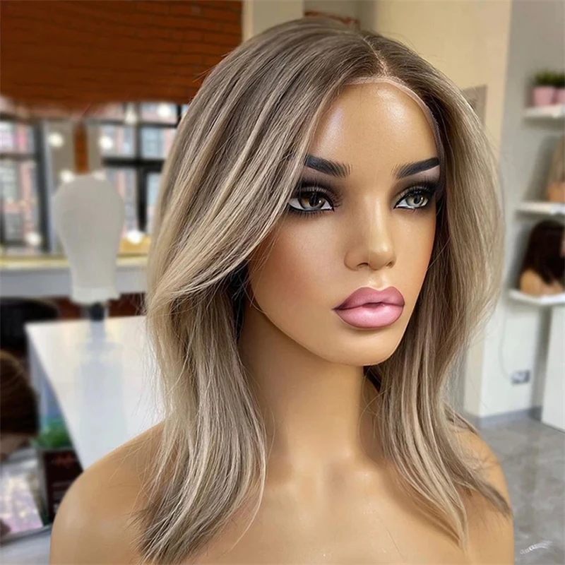 

Highlight Ash Blonde Bob Wig 180Density Straight Human Hair Frontal Wig 13x4 Transparent Lace Front Wig With Baby Hair For Women