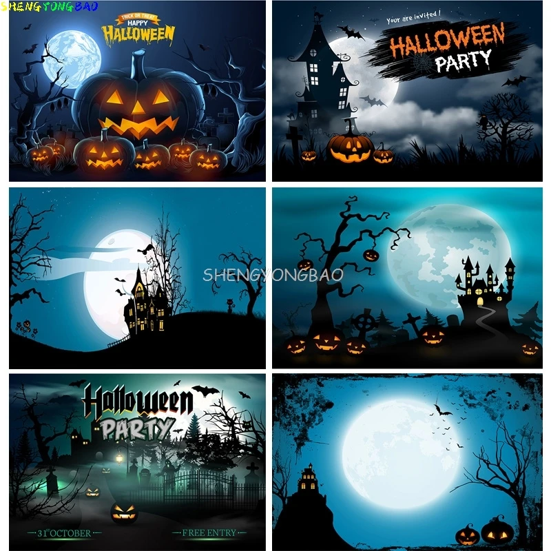 

Halloween Backdrop Pumpkin Lantern Castle Forest Moon Tombstone Baby Photography Background For Photo Studio Props 21802 WS-08