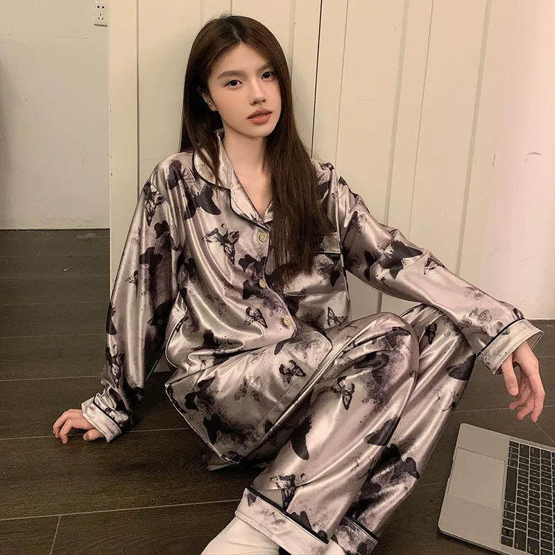 

Pjs Setice Silk Pajamaswomen's Pajama Setwomen's Spring and Summer Pajamaslong-Sleeved Cardiganfashionable Home Clothes