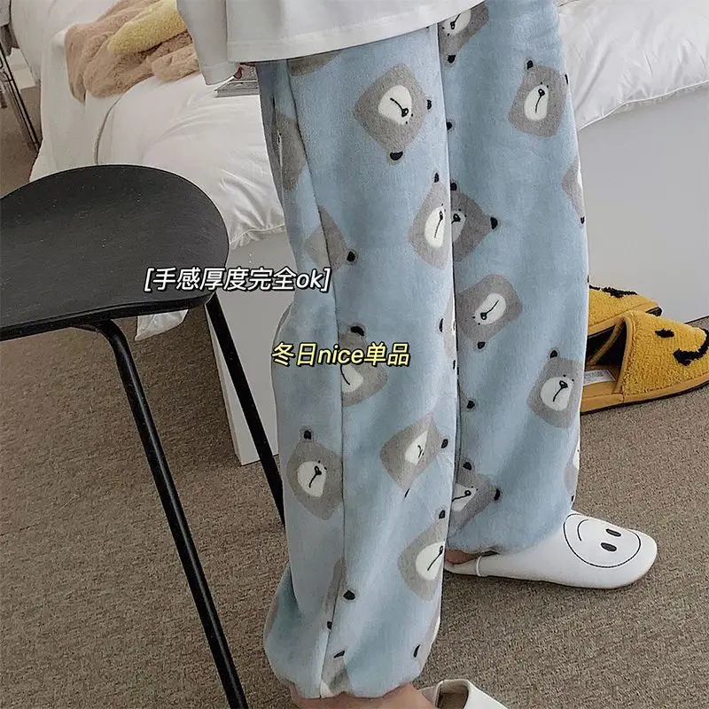 Bear Print Pajama Pants Casual Home Trousers For Winter Women Girls Sweat Cute Cartoon Homewear Y2K Loose Thick Fannel Sleepwear