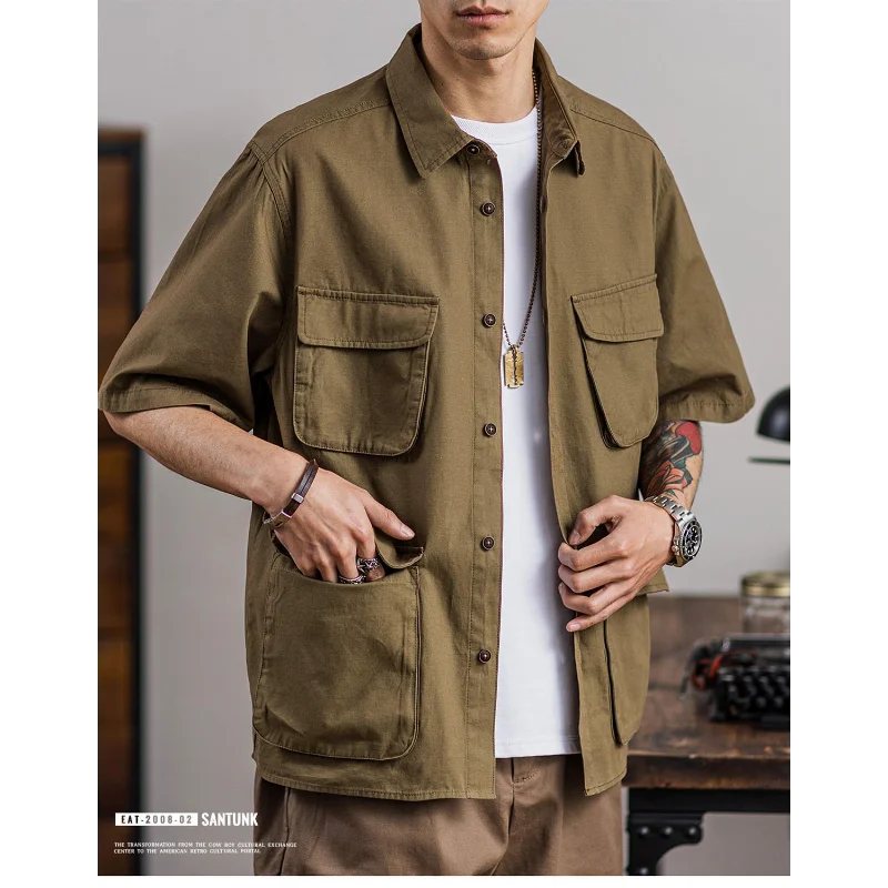 Men's Plus Size Cargo Short Sleeve Shirt Loose Casual Summer Blouse