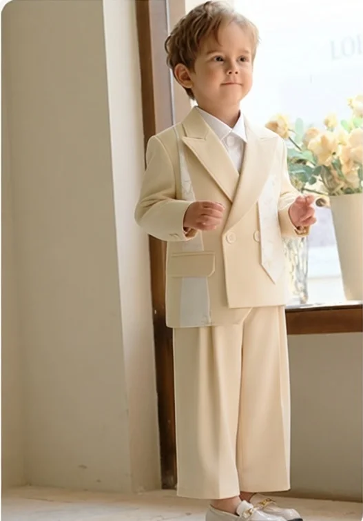 Spring Autumn Children's Suit Set Flower Boy First Birthday Outfit British Style Boys' Host Speech Piano Performance Costume