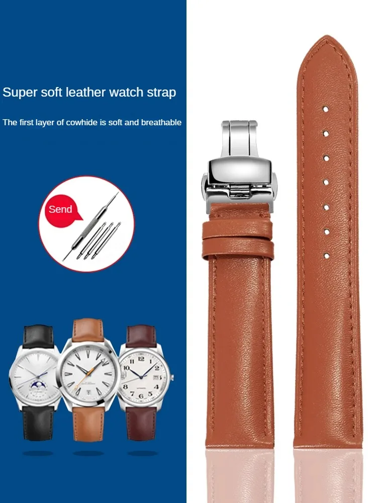 Genuine Leather Watch Strap Compatible with M-e-d-o L-o-n-g-i-n-e-s H-a-m-i-l-t-on King D-W Butterfly Buckle Watch Chain for Men