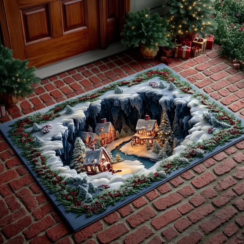 VIKAMA Christmas Doormat 3D Vortex Snow Village Brick Breakthrough Santa Pattern for Xmas Holiday Home Entrance Decor Floor Mat