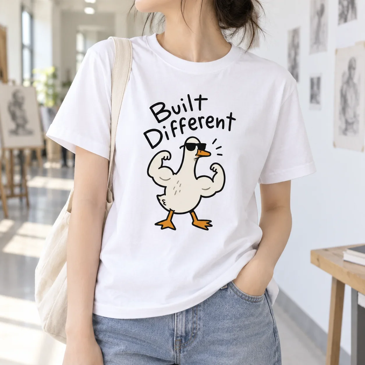 HeavyweiWomen T Shirt Built Different Muscular Duck Graphic Tee Casual Campus Streetwear Top