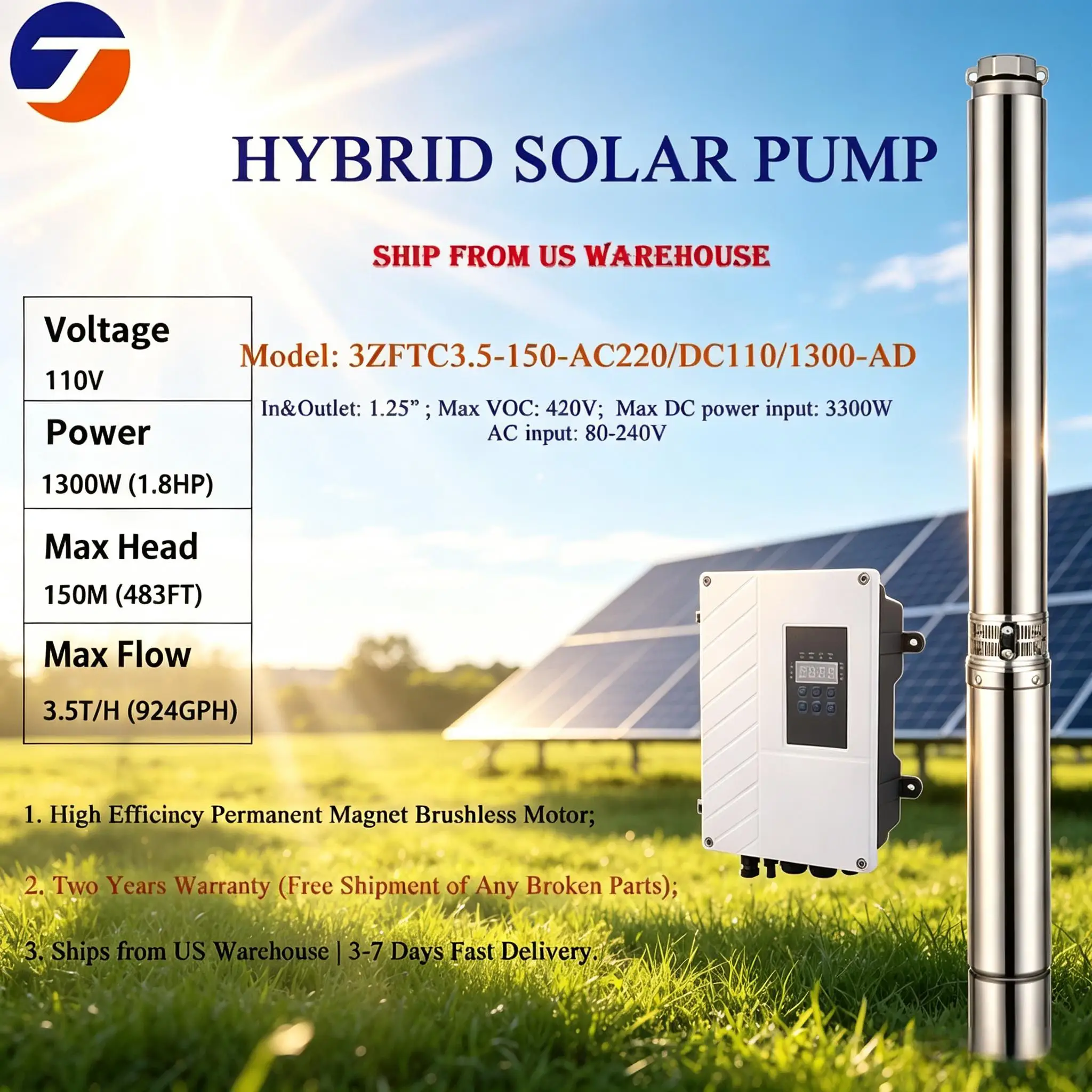 Submersible Hybrid Solar Water Pump AC/DC 3' 110V with MPPT Controller for Farm And Agriculture Irrigation USA Warehouse