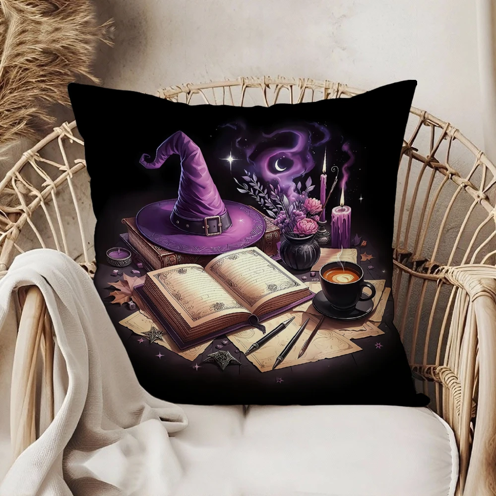 Square Throw Pillow Case Black Witch Hat Open Book Magic Potion Coffee Cup Print For Living Room Sofa Bedroom Home Decor