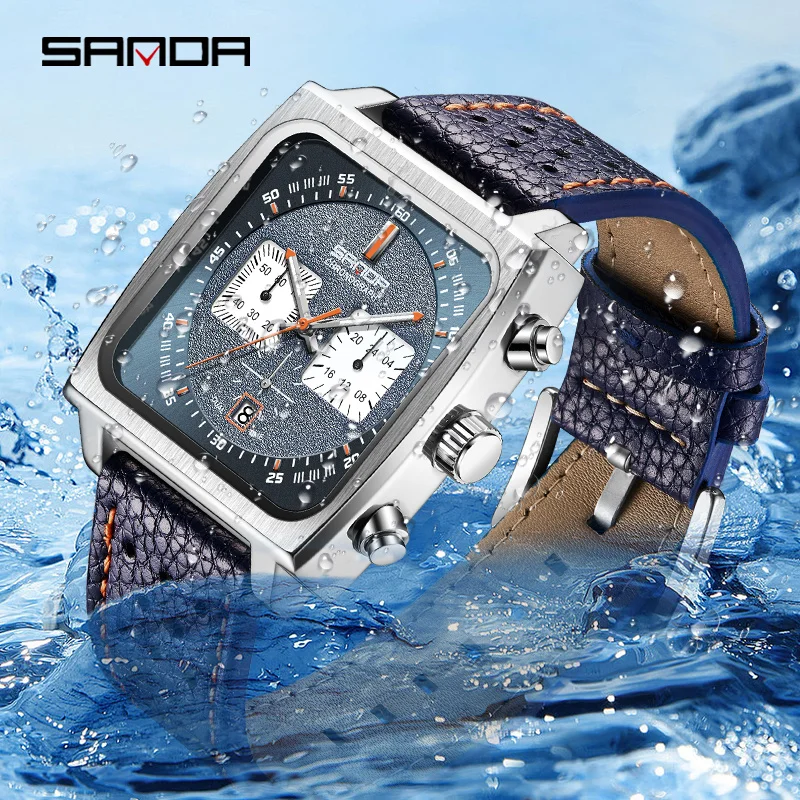 SANDA 5311 New Men\'s Square Watch Business Date Luminous Hands Sport Waterproof Leather Strap Wristwatch Male Clock Reloj Hombre