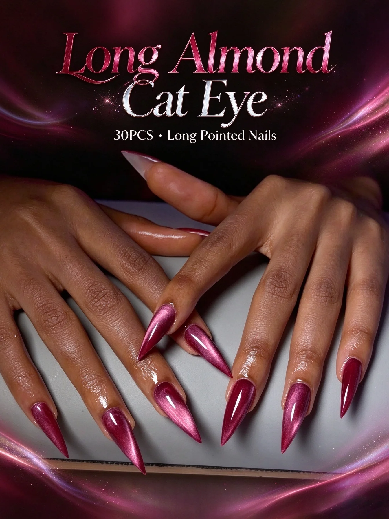 30Pcs Long Almond Cat Eye Press on Nails Stylish Pointed False Nail Tips Removable Wearable Nail for Quick Manicure